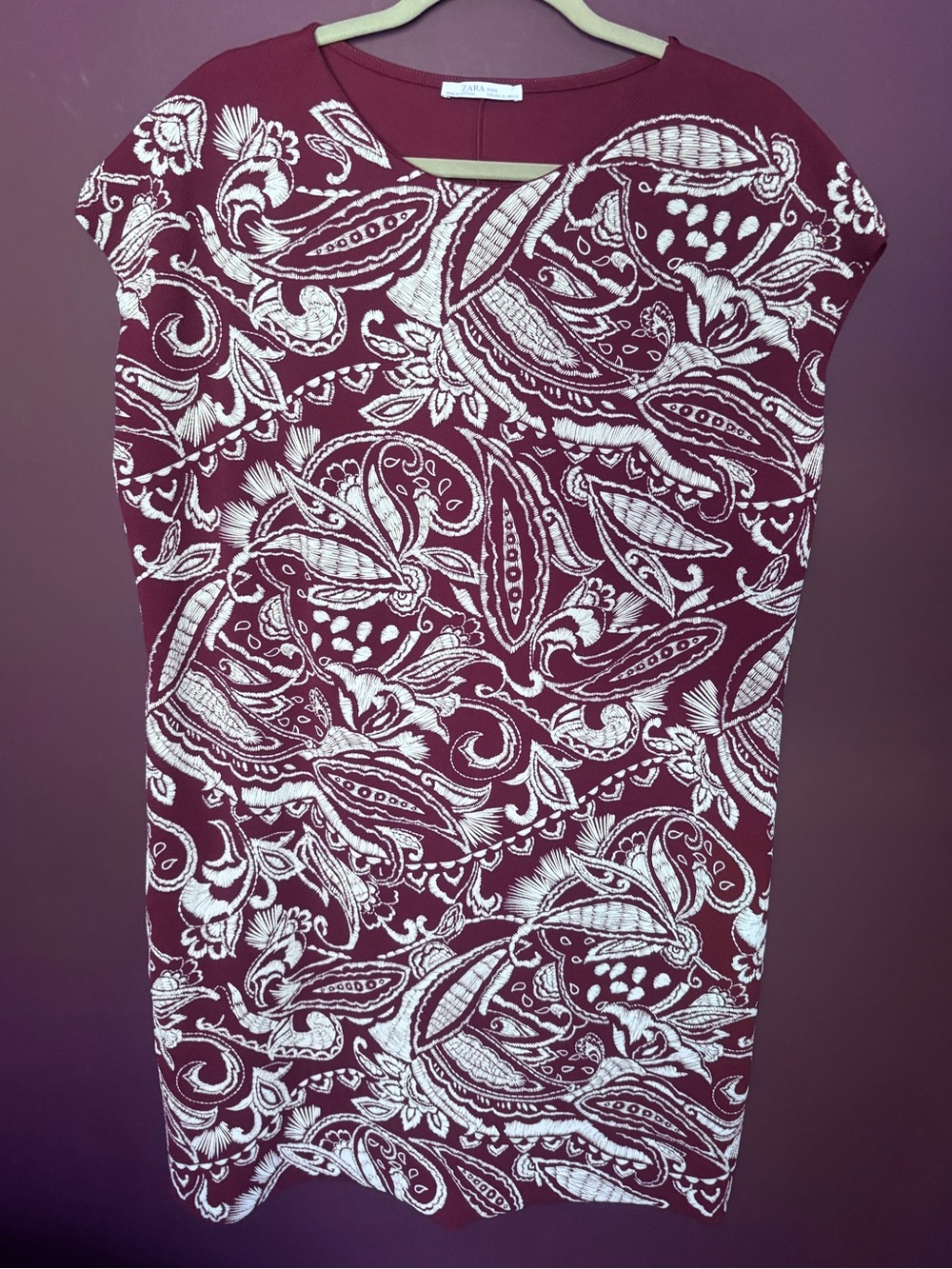 Zara Burgundy and White Paisley Cap-Sleeve Tunic/ Shift Dress